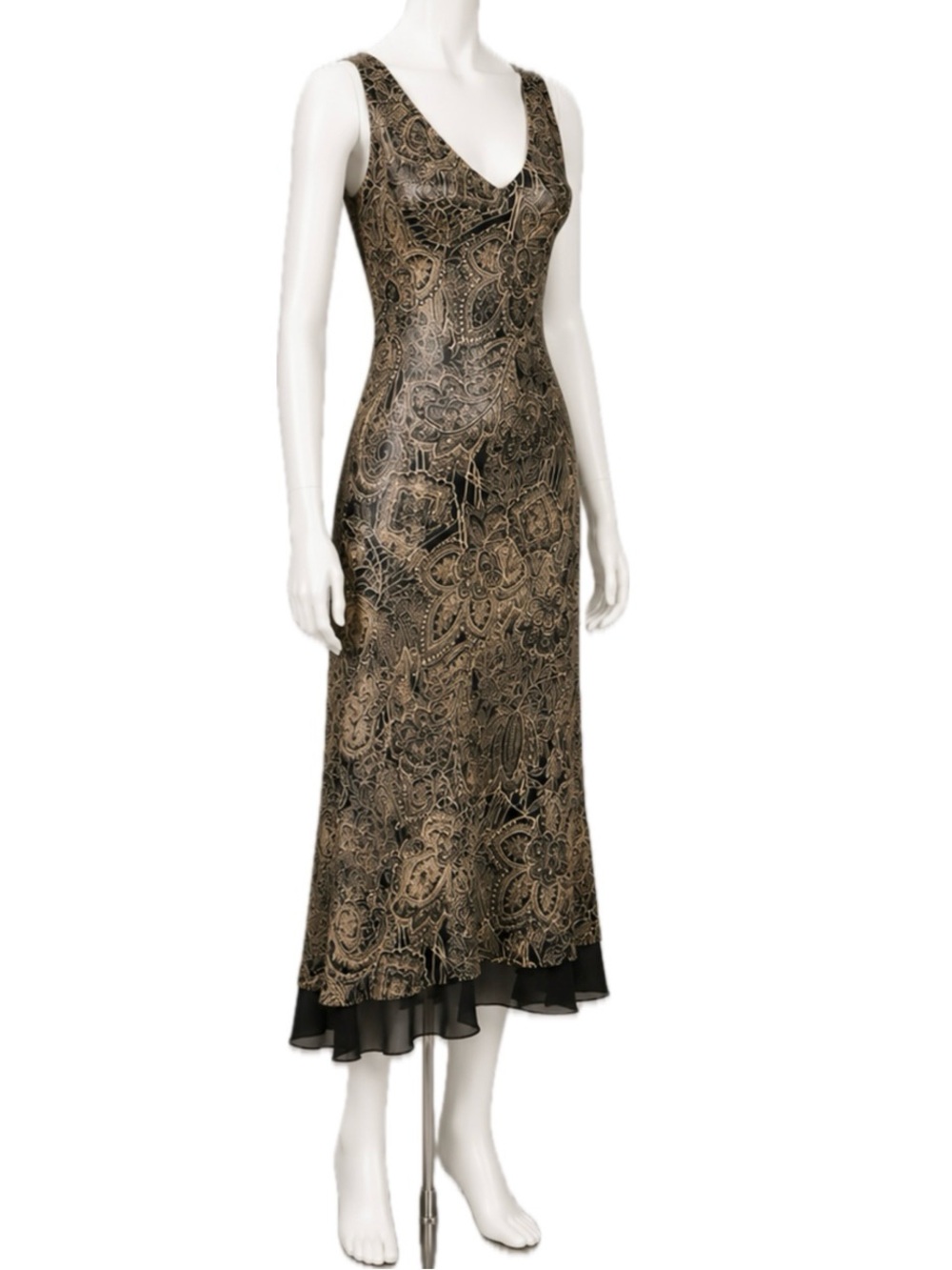 ICE Vintage 90s Boho Glam Mesh-Hem Silk Midi Dress | Black Gold Paisley | Sz 10